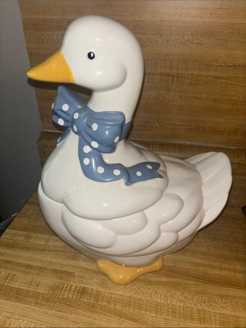 Vintage White Ceramic Duck Cookie Jar with Blue Polka Dot Bow